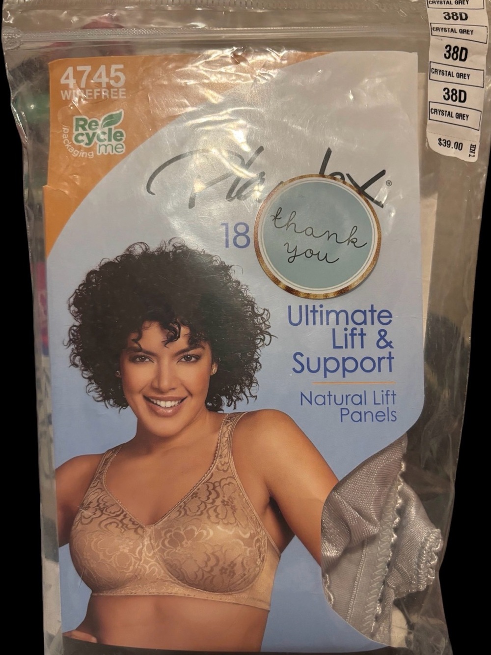 New: 38-D Playtex Ultimate Lift & Support Bra - Crystal Grey